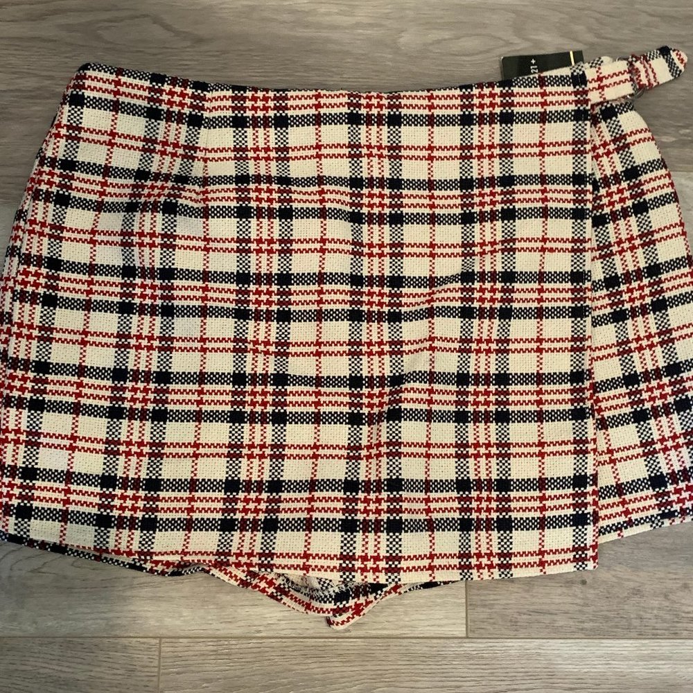 Wrap front plaid skort
